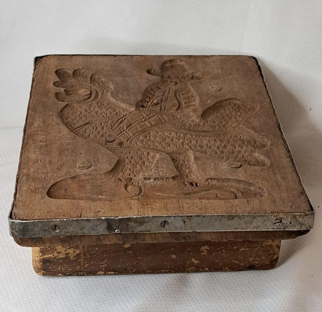 Antique Carved Wood a Man Riding Rooster Springerle Cookie Board Mold Folk Art, 18th Century - 2