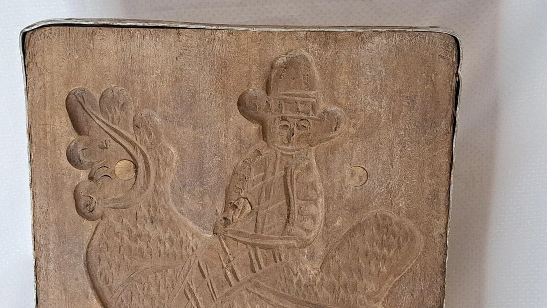 Antique Carved Wood a Man Riding Rooster Springerle Cookie Board Mold Folk Art, 18th Century - 3