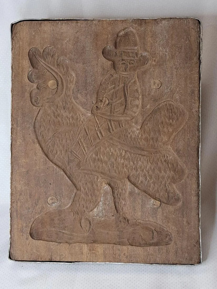 Antique Carved Wood a Man Riding Rooster Springerle Cookie Board Mold Folk Art, 18th Century - 7