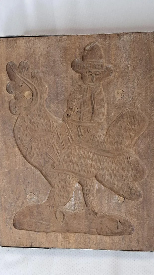 Antique Carved Wood a Man Riding Rooster Springerle Cookie Board Mold Folk Art, 18th Century - 9