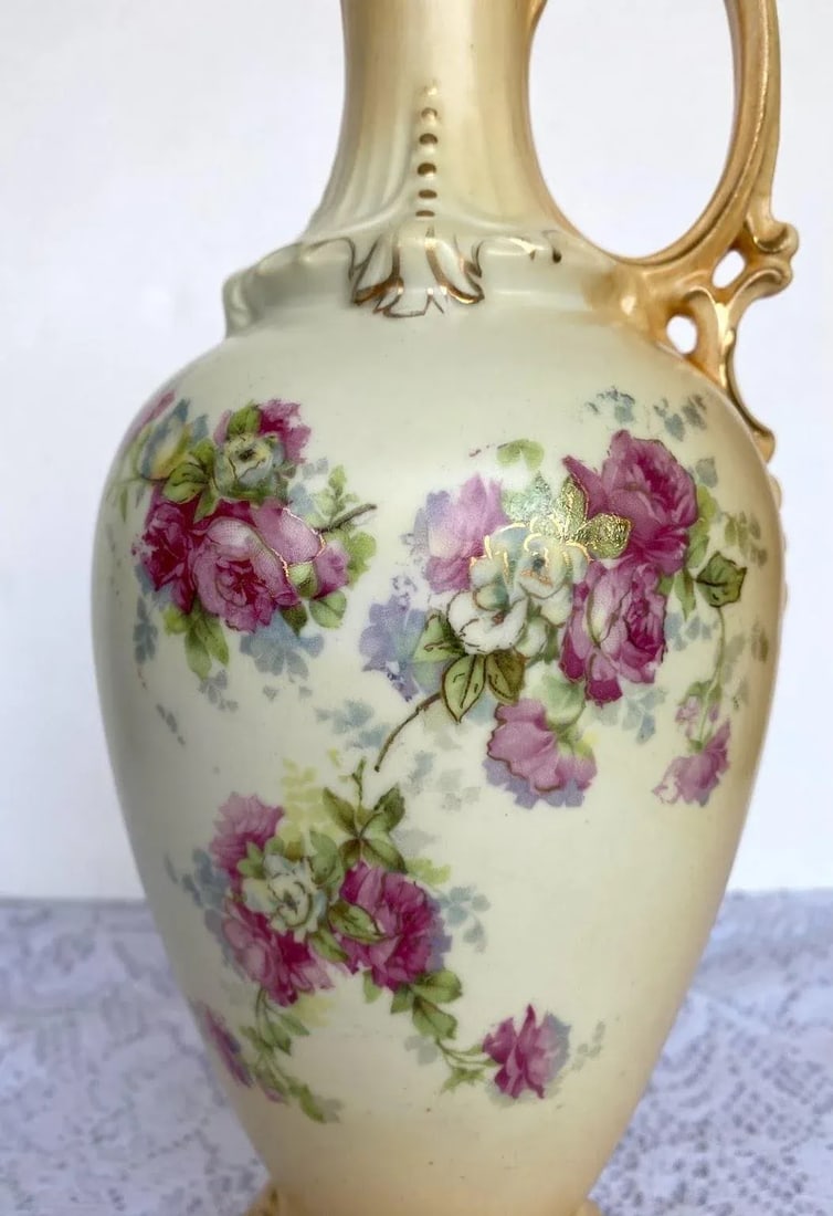 Antique Art Nouveau Royal Teplitz Bavaria Hand Painted Vase - Pink Roses, Gold Leaves on Ivory, Gold - 2