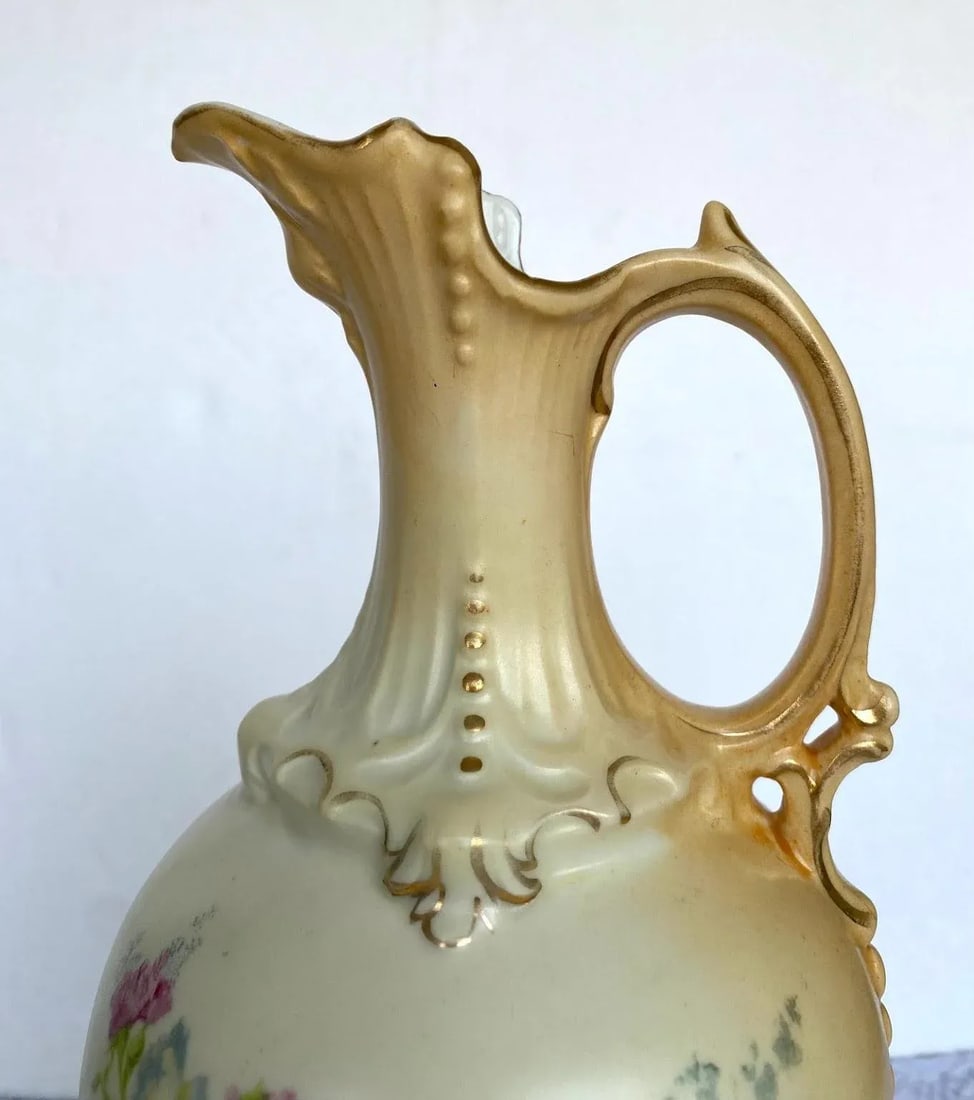 Antique Art Nouveau Royal Teplitz Bavaria Hand Painted Vase - Pink Roses, Gold Leaves on Ivory, Gold - 3