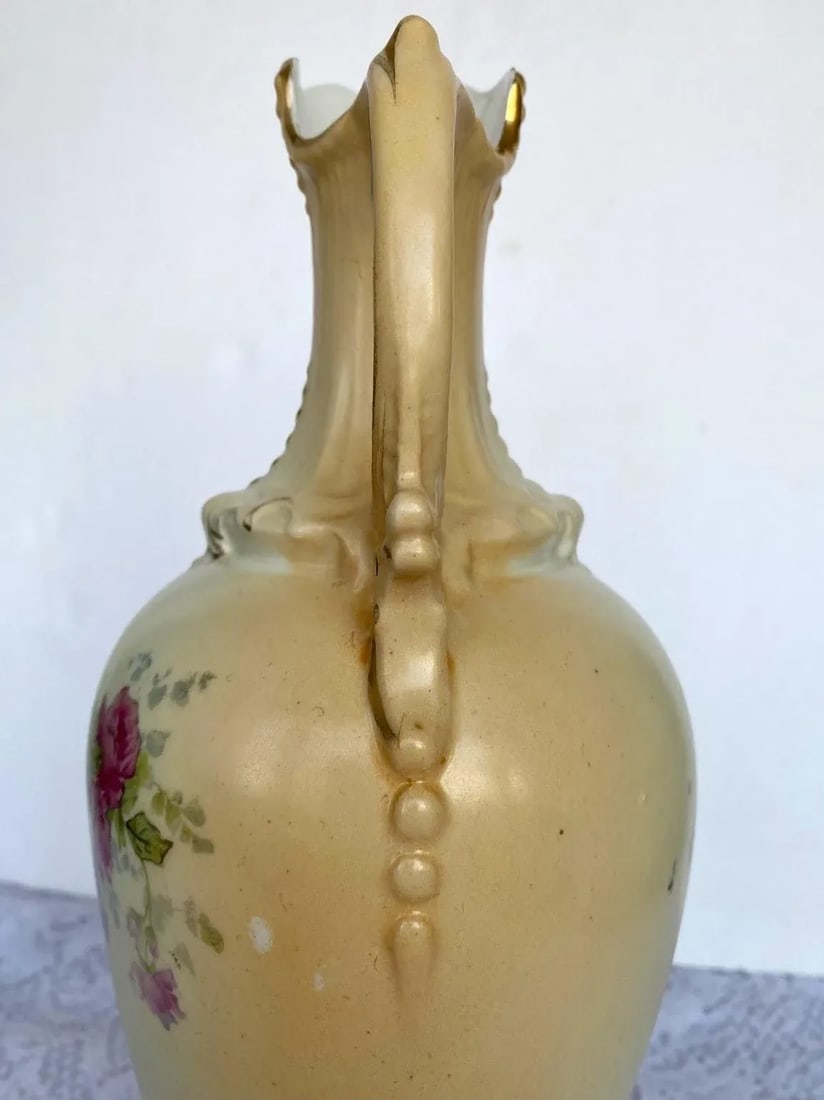 Antique Art Nouveau Royal Teplitz Bavaria Hand Painted Vase - Pink Roses, Gold Leaves on Ivory, Gold - 4