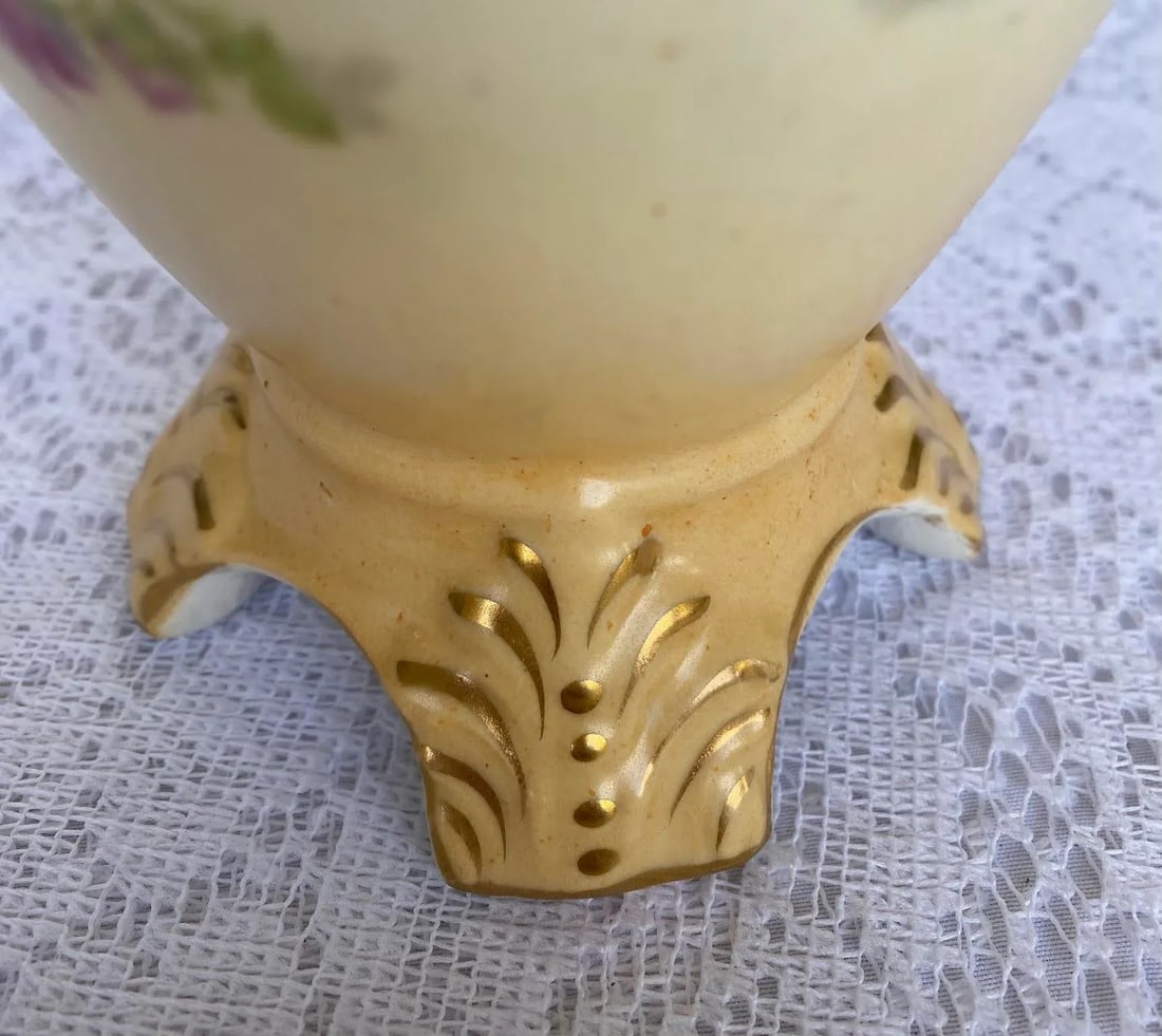 Antique Art Nouveau Royal Teplitz Bavaria Hand Painted Vase - Pink Roses, Gold Leaves on Ivory, Gold - 5
