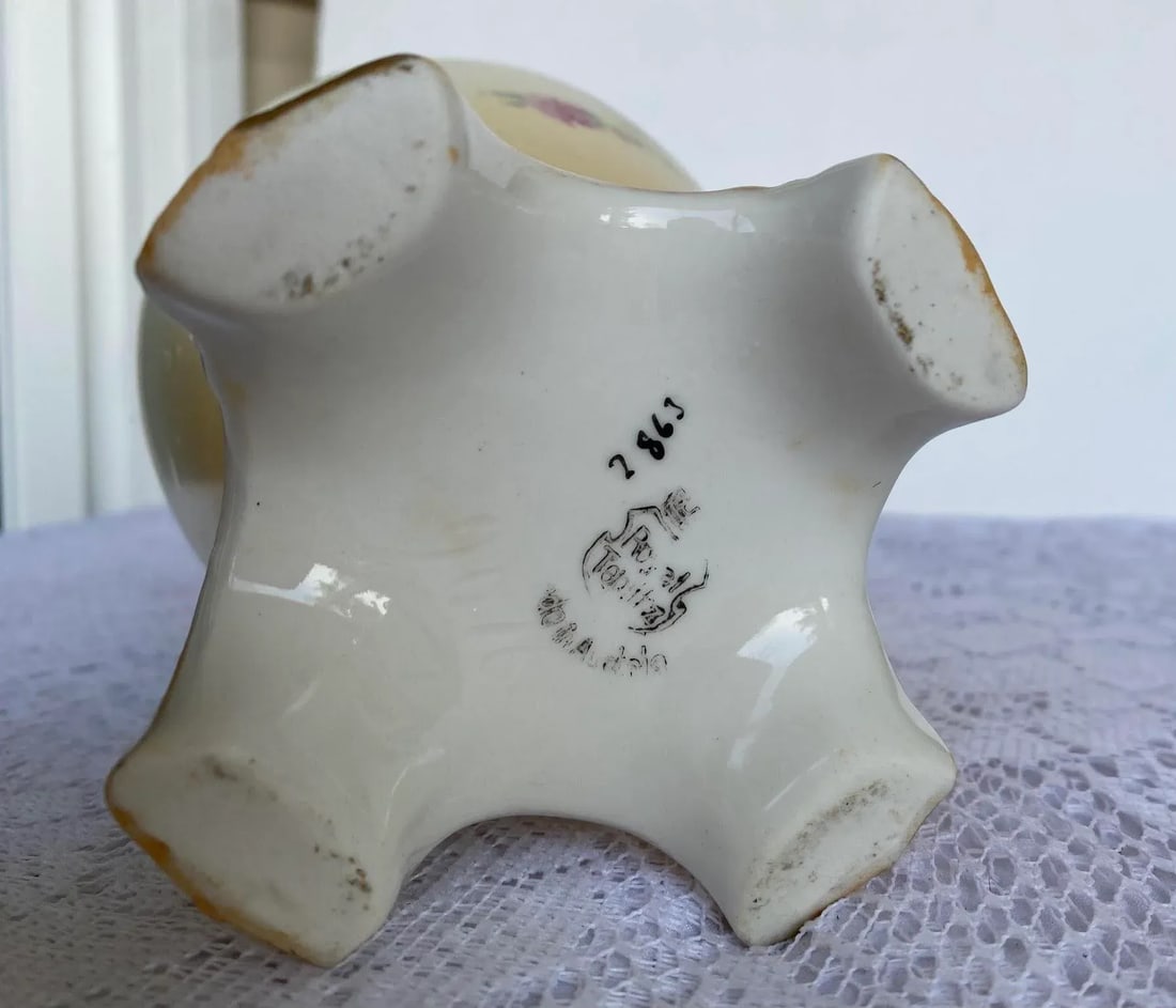 Antique Art Nouveau Royal Teplitz Bavaria Hand Painted Vase - Pink Roses, Gold Leaves on Ivory, Gold - 6