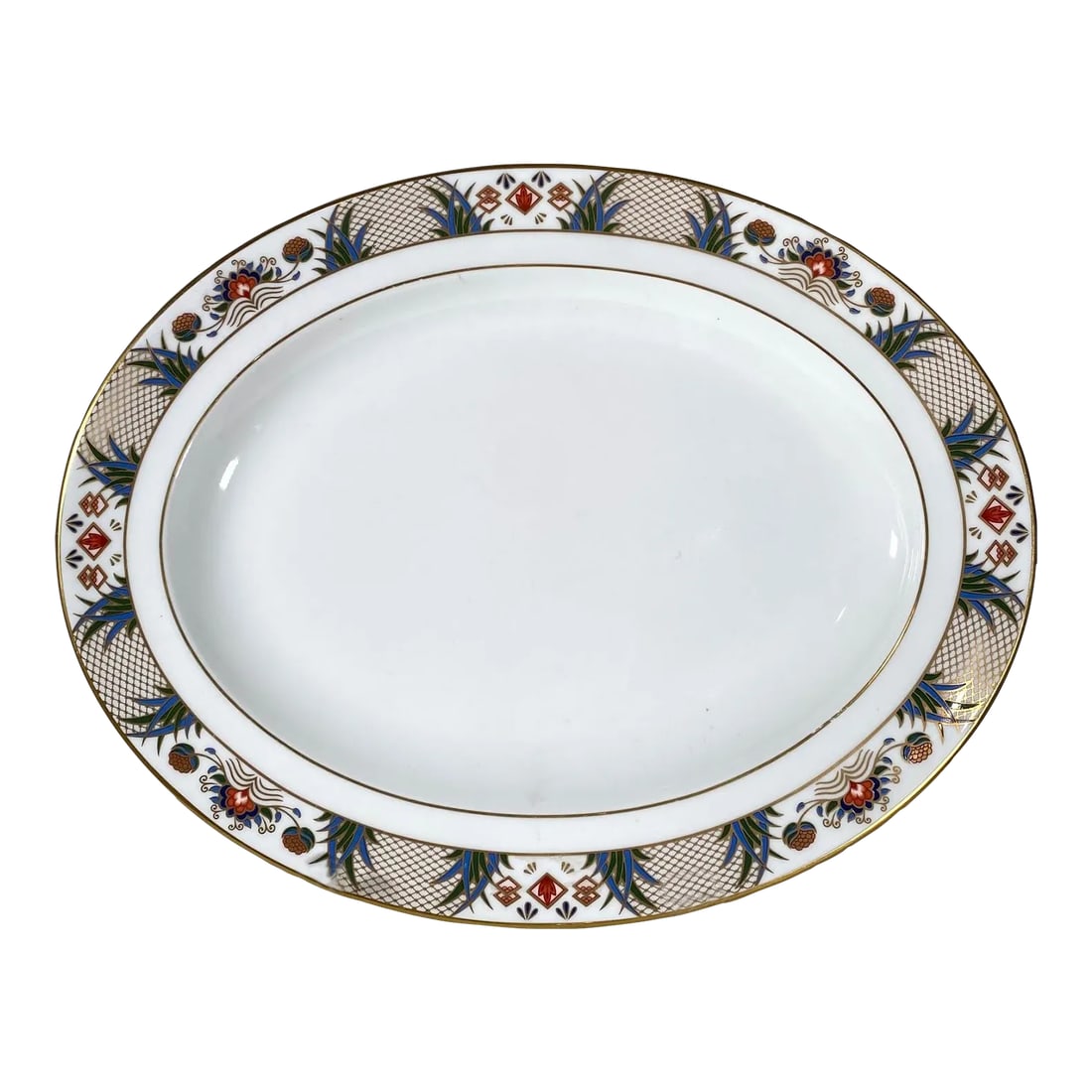 1990s Royal Crown Derby Rutland Oval Serving Platter - Blue & Rust Flowers, Gold Lattice Design, Gol (1 of 9)