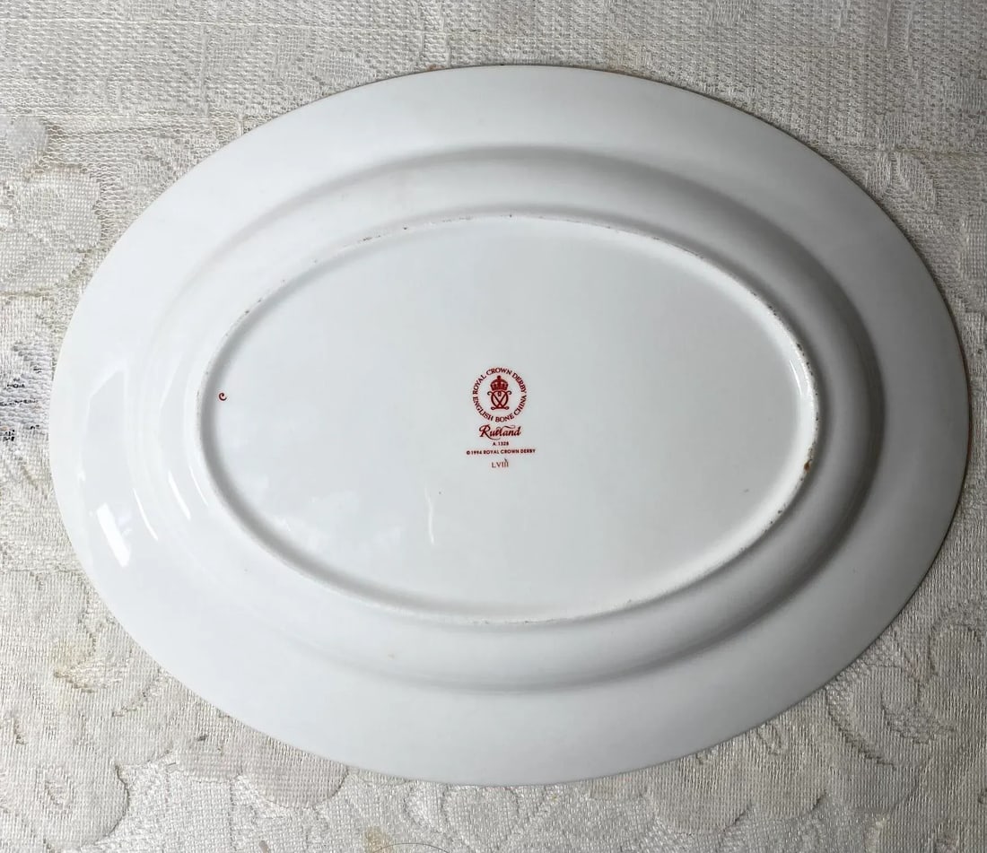 1990s Royal Crown Derby Rutland Oval Serving Platter - Blue & Rust Flowers, Gold Lattice Design, Gol - 4