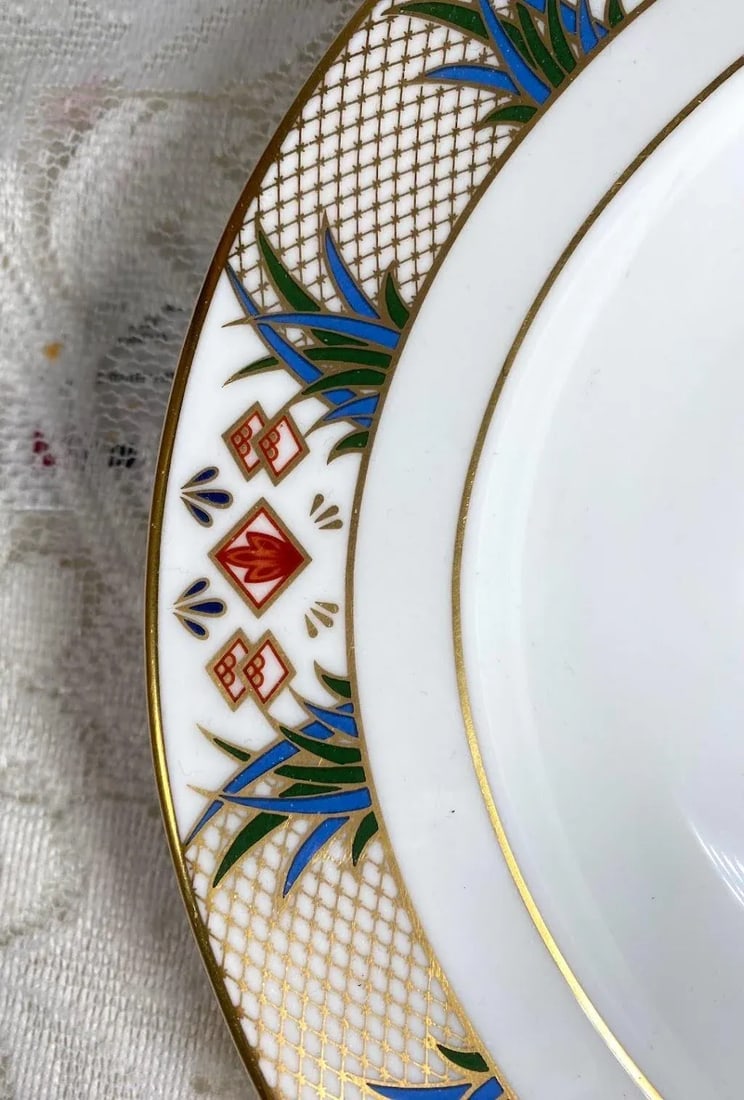 1990s Royal Crown Derby Rutland Oval Serving Platter - Blue & Rust Flowers, Gold Lattice Design, Gol - 6