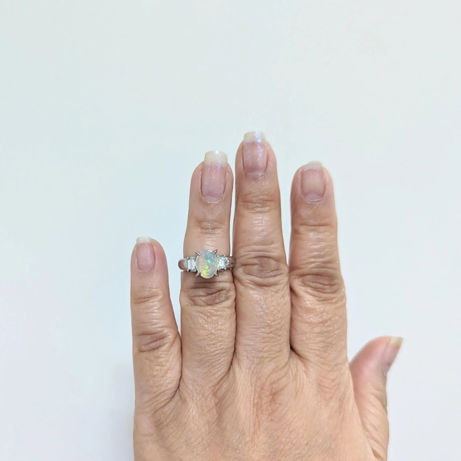 Opal and White Diamond Three Stone Ring in Platinum, size 6.25 - 2