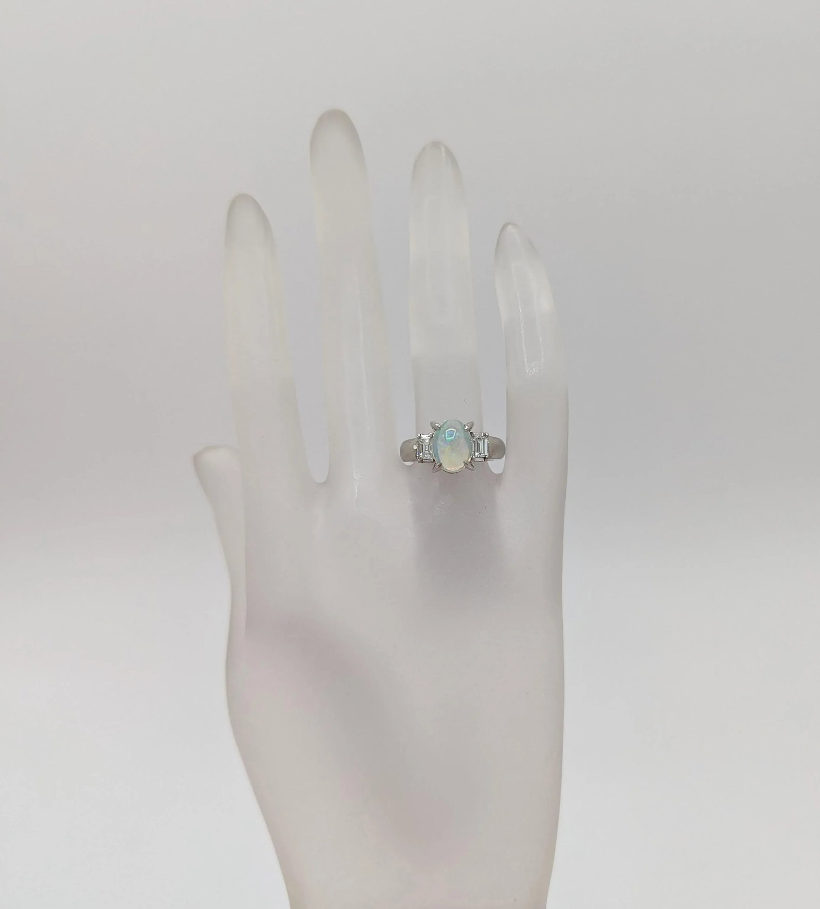 Opal and White Diamond Three Stone Ring in Platinum, size 6.25 - 3