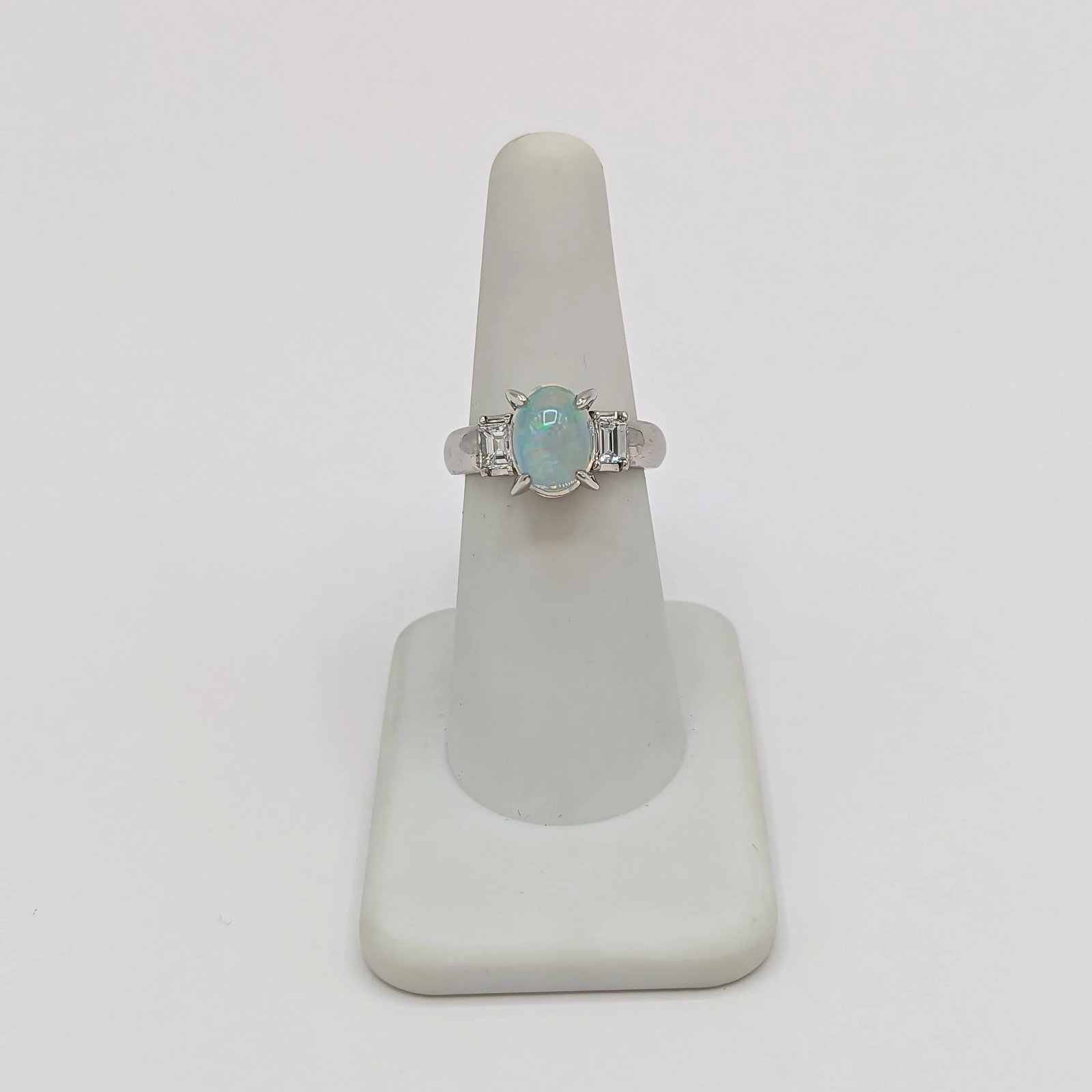 Opal and White Diamond Three Stone Ring in Platinum, size 6.25 - 4