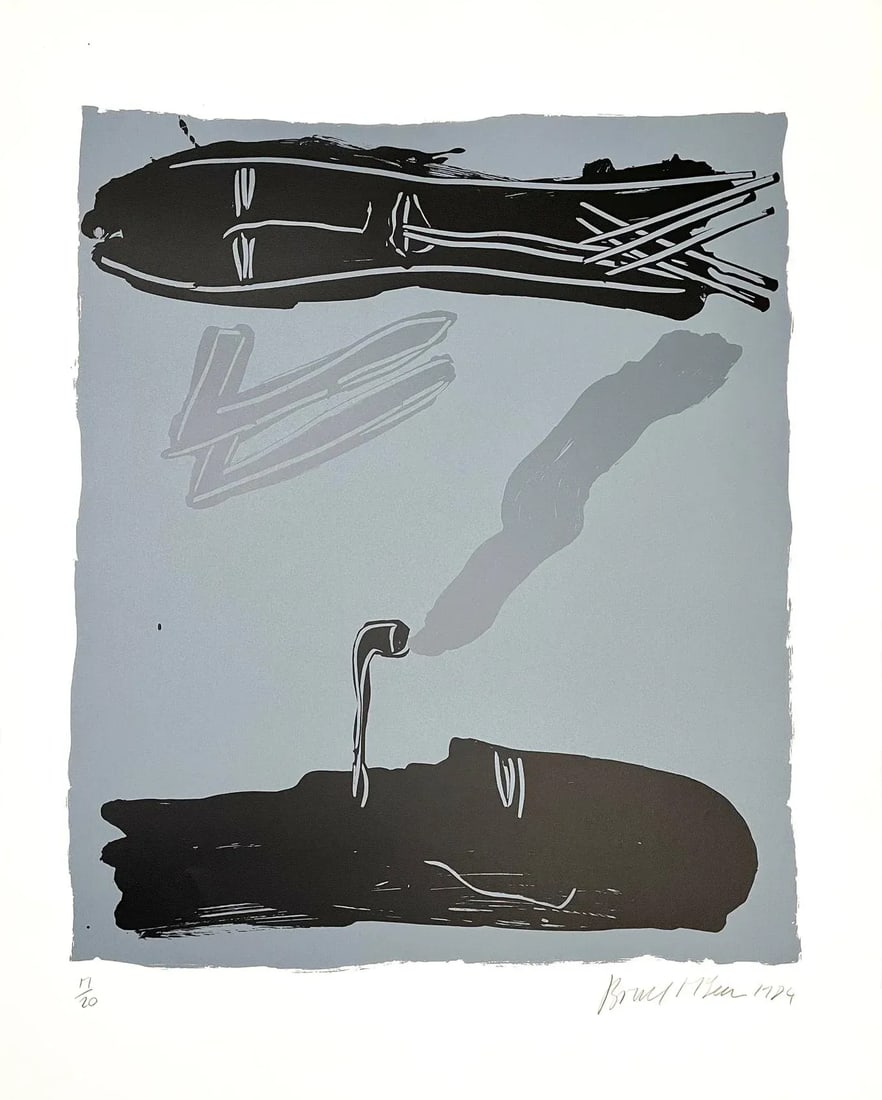 Bruce McLean Abstract Signed and Numbered Screenprint, Pipe Smokers 1984: Large, rare screenprint entitled "Pipesmokers" by Bruce Mclean. Black and gray with deckled edges. Signed and numbers (17/20). Bruce McLean is a contemporary British artist known for his versatile and
