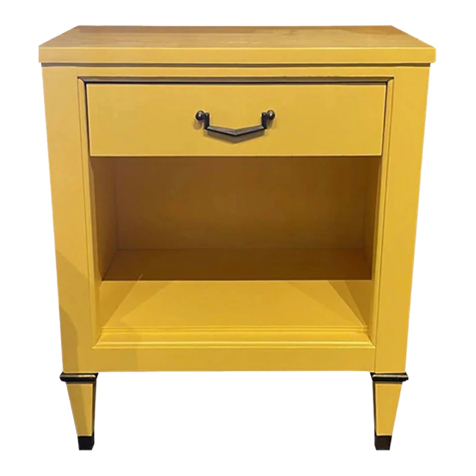 1960s Finished 1 Drawer Cali Yellow Satin Century Vintage Single Nightstand: Dimensions: 22"W x 16"D x 26"H Manufacture: Century Vintage nightstand that has been restored and refinished with a yellow lacquer finish great pop of color to add to any room. Condition:
