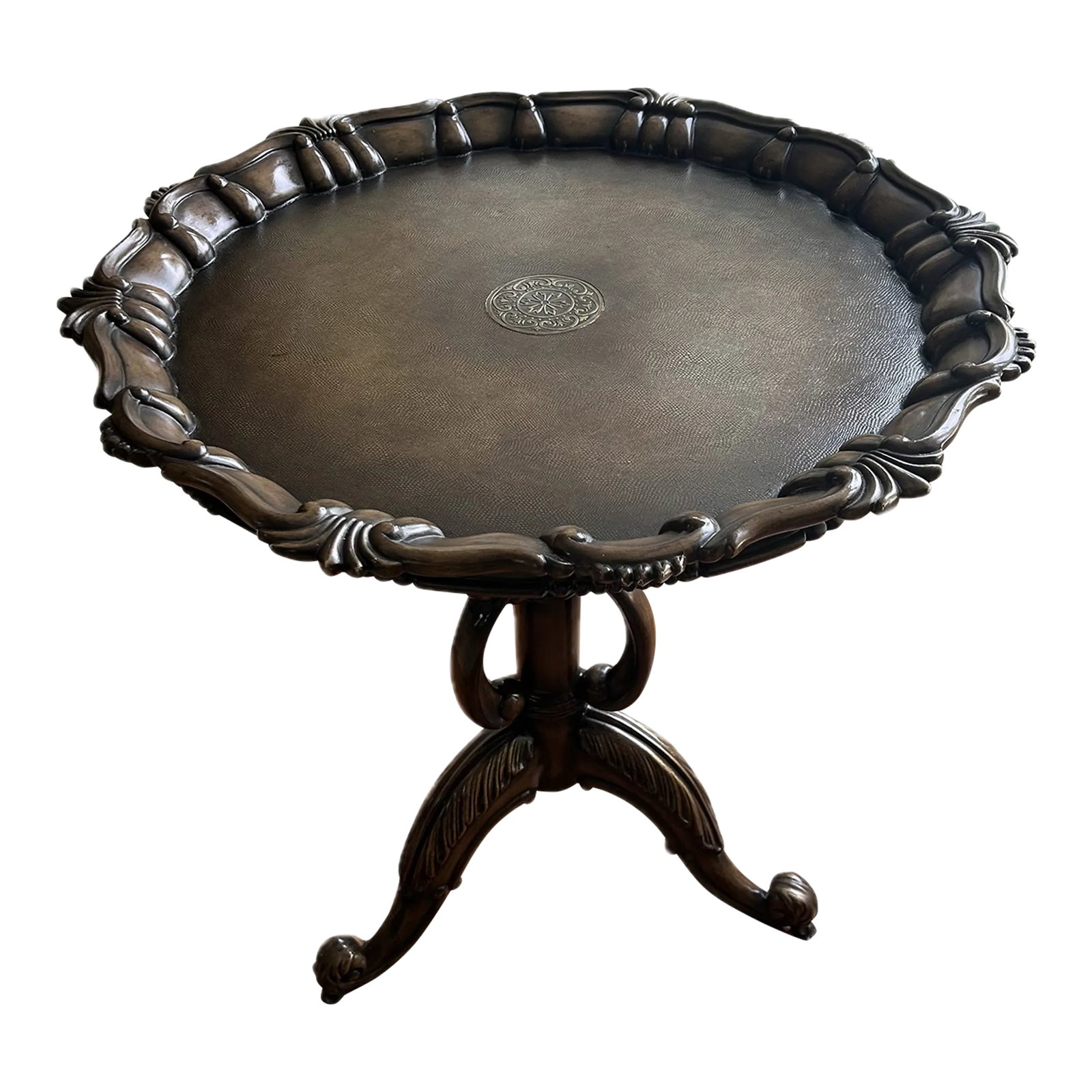 Henredon Leather Embossed Wood Accent Table: Add a touch of elegance to your home with this beautiful Henredon Leather Embossed Wood Accent Table. Crafted from high-quality wood and featuring a round shape, this table is perfect for any room in
