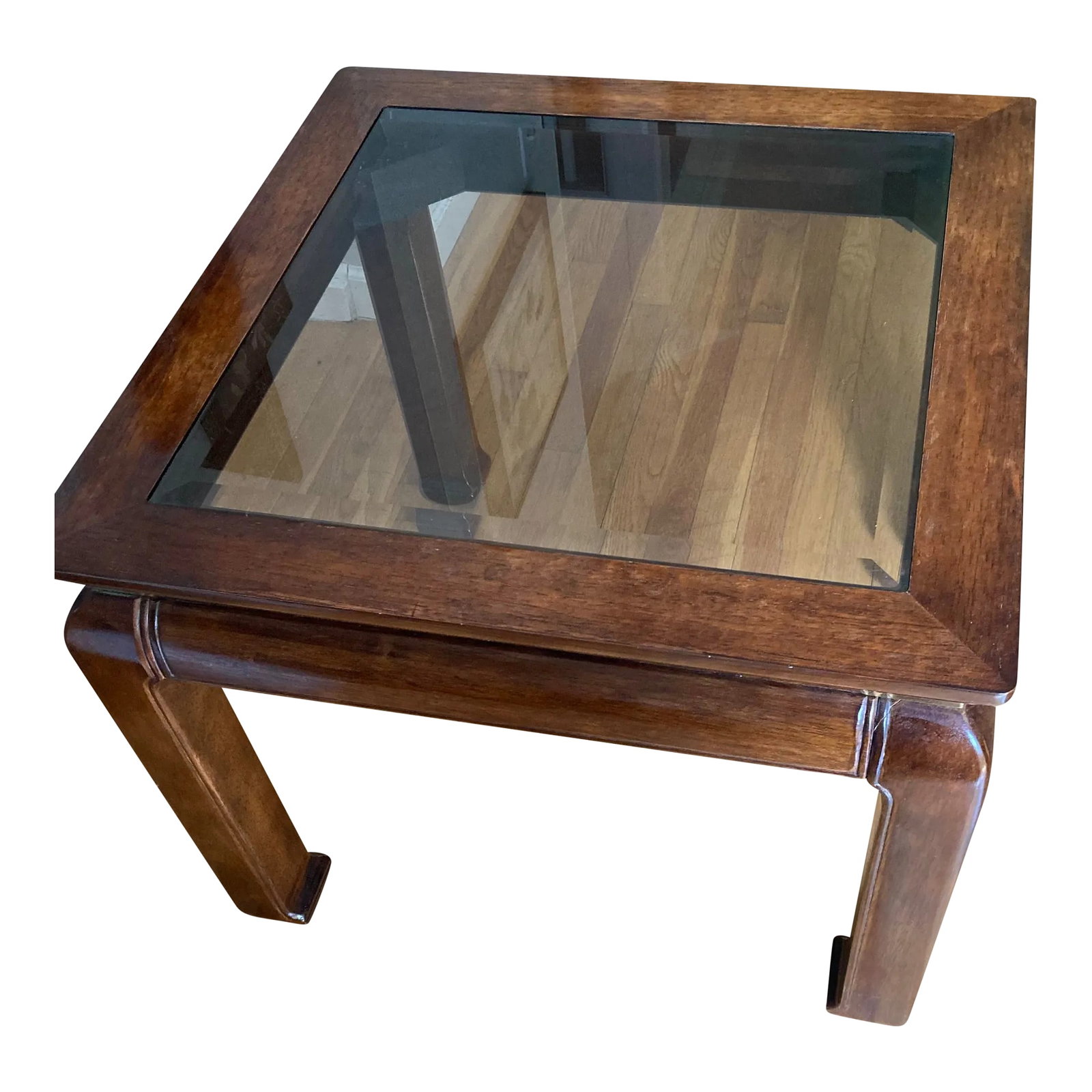 1970s Vintage Bernhardt Square Champaign Glass Top Side Table: Bernhardt square Champaign vintage style glass top side table Dimension: 22" H x 26"D x 26"W Condition: Alterations: Original Condition Unaltered Imperfections: Some Imperfections Condition Notes: Ver
