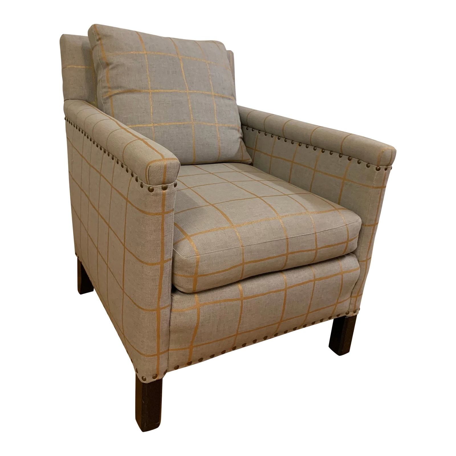 Kelly Wearstler Coquette Upholstered Lee Industries Arm Chair: Like new Lee Industries 1290-01 Chair upholstered in Kelly Wearstler Coquette fabric, Heather/Gold with nailhead accent. Overall Dimensions: 24" W x 29" D x 30.25" H Condition: Alterations: Original