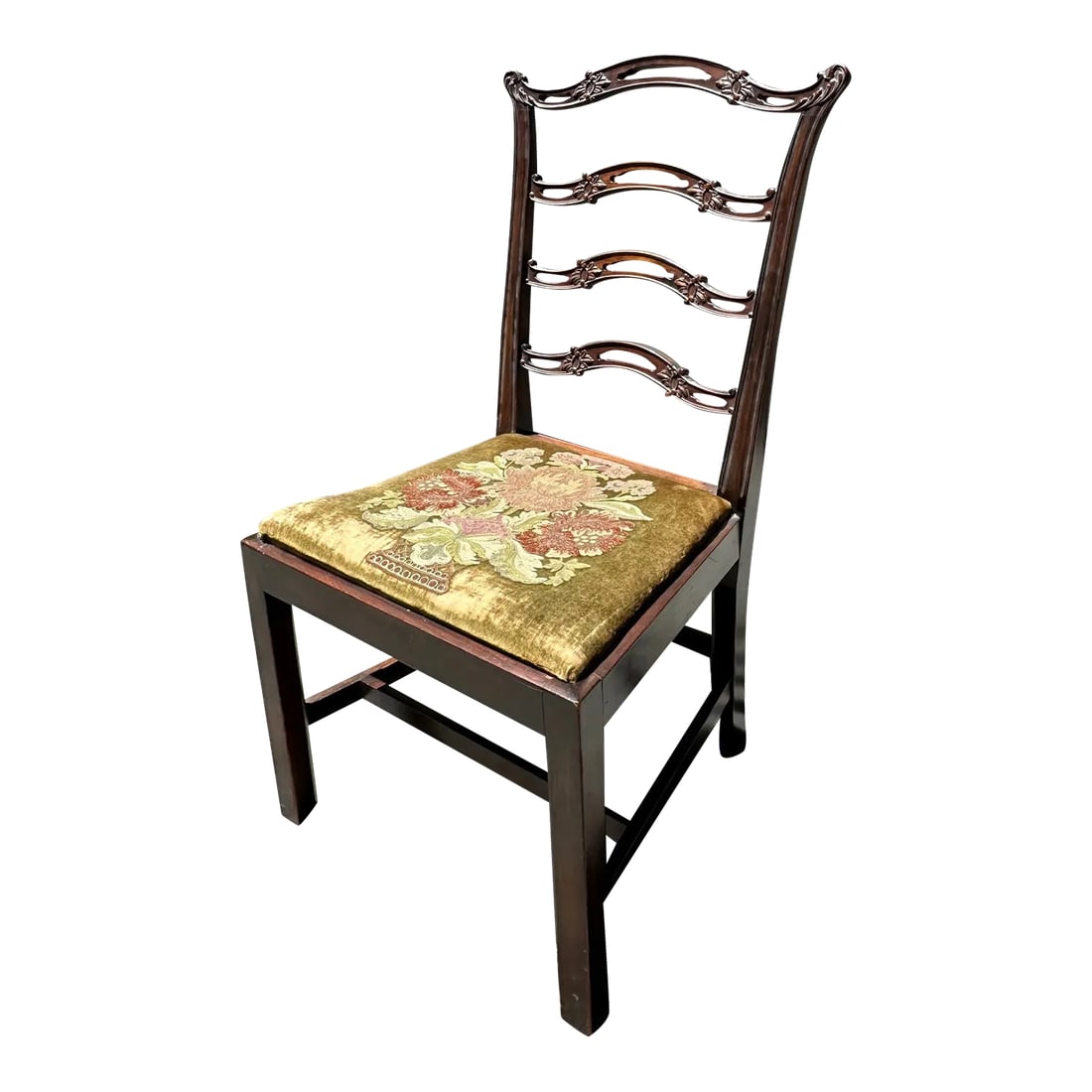 Chippendale Style Ladder Ribbon Back Embroidered Seat Side Chair (1 of 9)