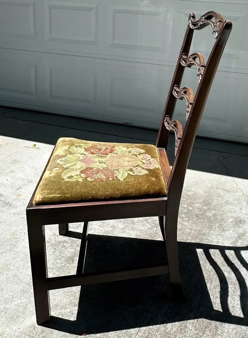 Chippendale Style Ladder Ribbon Back Embroidered Seat Side Chair - 2