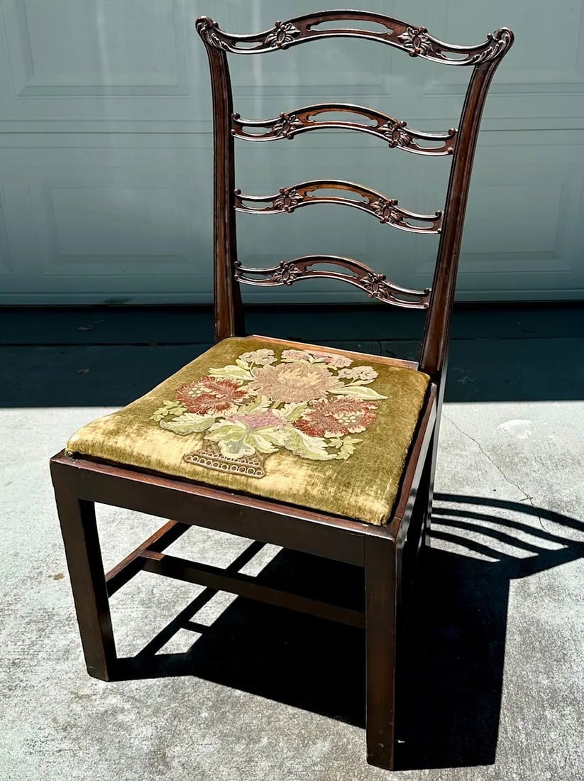 Chippendale Style Ladder Ribbon Back Embroidered Seat Side Chair - 3