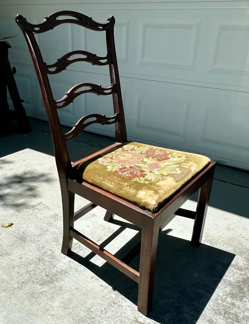 Chippendale Style Ladder Ribbon Back Embroidered Seat Side Chair - 4