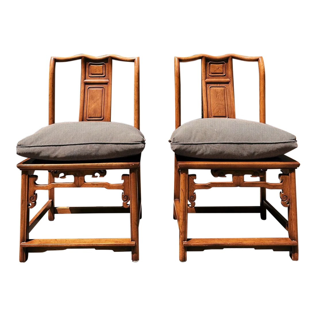 Pair of Late 20th Century Chinese Yoke Back Chairs: Pair of Chinese Yoke Back Chairs. Solid hardwood with down stuffed zippered cushion seats with tassel tie backs and pipping. 19.5"W X 18"D X 34.5"H Seat Height w/cushion 22"H Condition: Alterations: