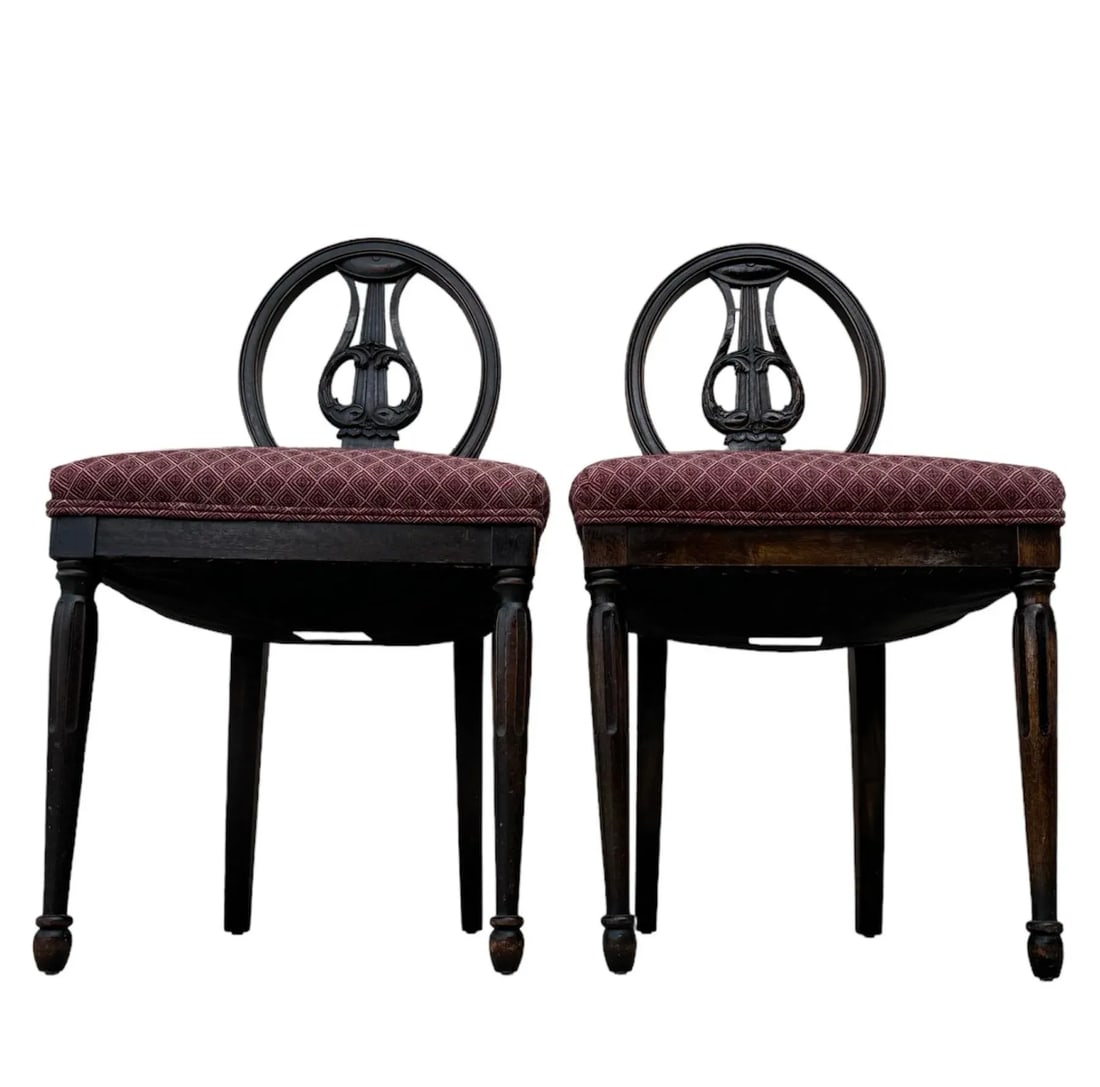 1930s Music Chairs With Koi Dolphin Carvings and Vintage Fabric- Set of 2 - 5