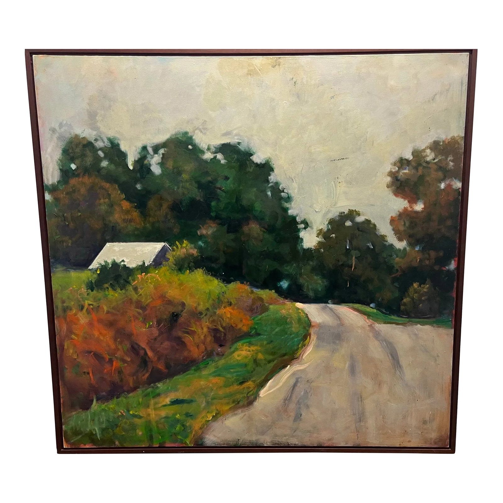 1990s Lucy Gould Reitzfeld, Large Oil on Canvas Painting "the Road", Framed: An original oil on canvas painting that measures 64" x 63" framed. Comes with the original purchase receipt from exhibition gallery Bowles/Sorokko. Condition: Alterations: Original Condition Unaltered
