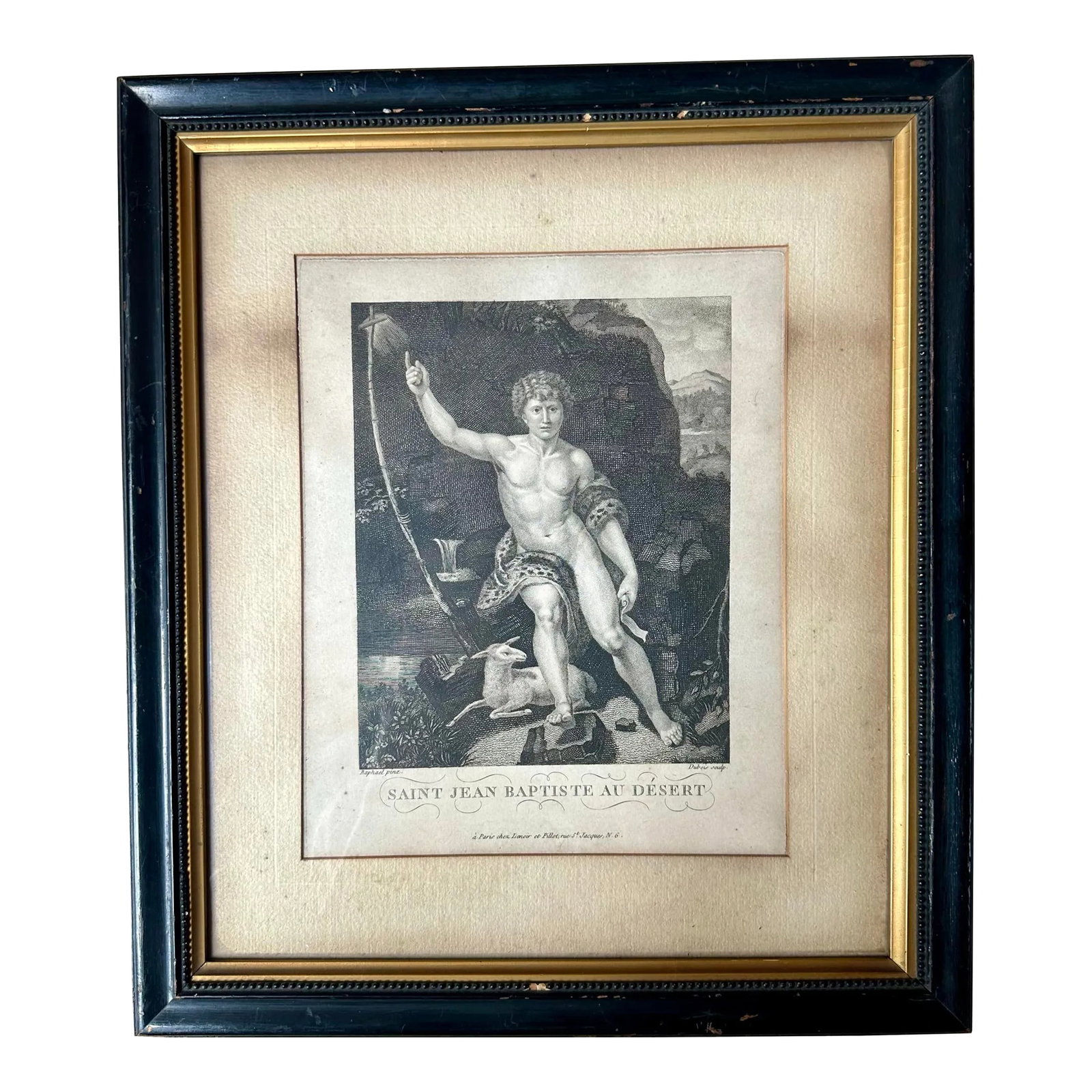 1857 Antique Engraving Print of Saint John the Baptist by Raphael Sanzio: Antique John The Baptist Engraving by Raphael Pina Sanzio. Original frame including wavy glass. (Chairish Admin: this item has been submitted to Christie's and price will be adjusted according to