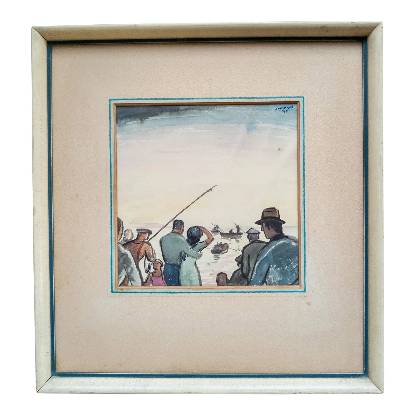 Early 20th Century American Gouache Painting by Albert Hemeryck: We are selling this really interesting painting. This painting features a group of people watching from shore as several boats disembark. The painting is signed upper right Hemeryck and dated 1932.