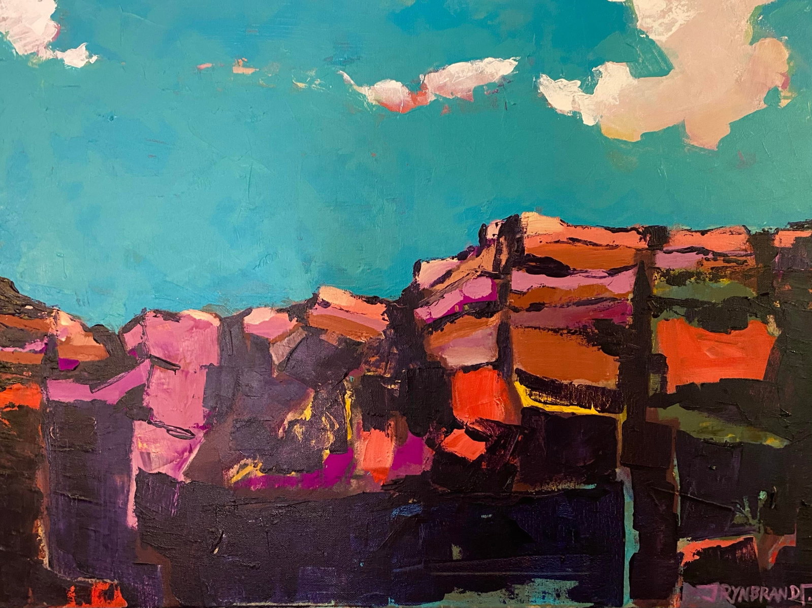 "Canyon Patchwork" Original Painting on Canvas: Drying on my easel, a work inspired by a photo from my last trip to Zion National Park. Highly textured impasto acrylic archival paints in deeply pigmented hues. Striking color, rich pattern and steep