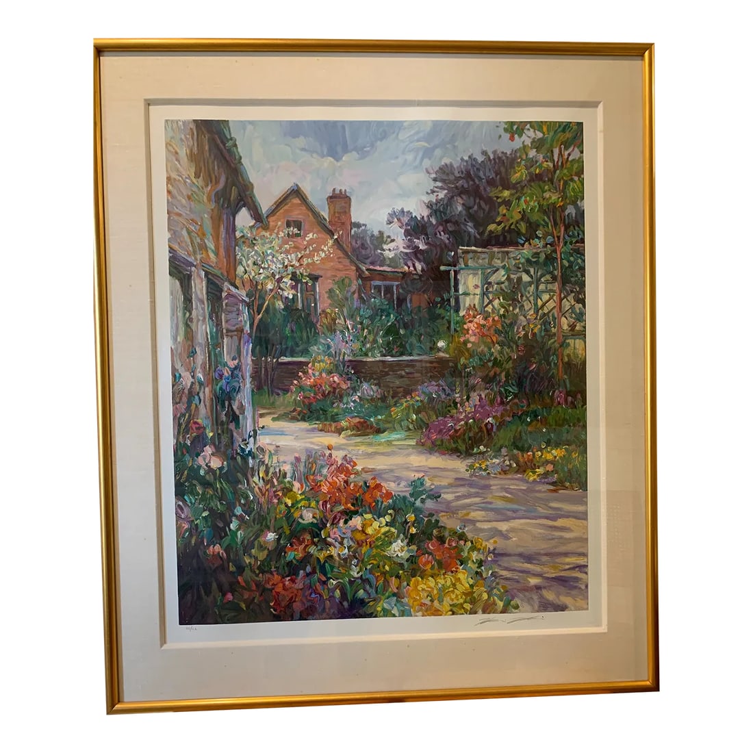 Large Framed Henri Plisson Signed Serigraph: "Chichester Garden" LARGE custom framed wall art - frame size 40" x 34", image size 30" x 25". Artist Henri Plisson (1934-2006) expertly captured summers bounty in this impressionistic depiction of