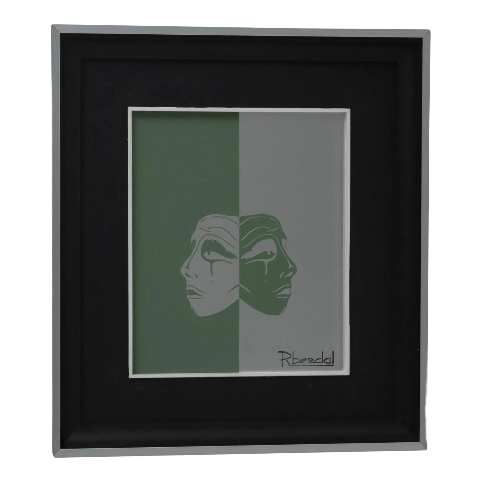 20th Century Belgian Painting By Rene Berdal: Explore the elegance and simplicity of 20th Century Belgian art with this serene piece by Rene Berdal. Presented in a sleek black frame, this artwork features a dual-faced portrait set against a tranq