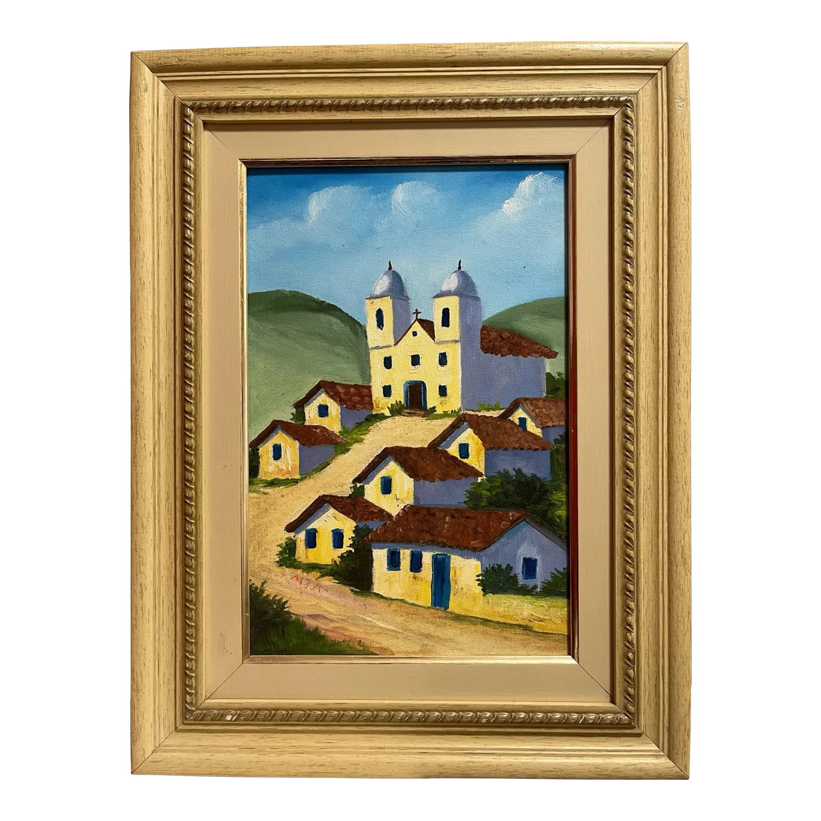 1970s Vintage Brazilian Oil on Canvas Village Scene Painting, Framed: Framed oil on canvas painting depicting a small village with hillside church in the background. Signed by artist at lower left. Condition: Alterations: Original Condition Unaltered Imperfections: Some
