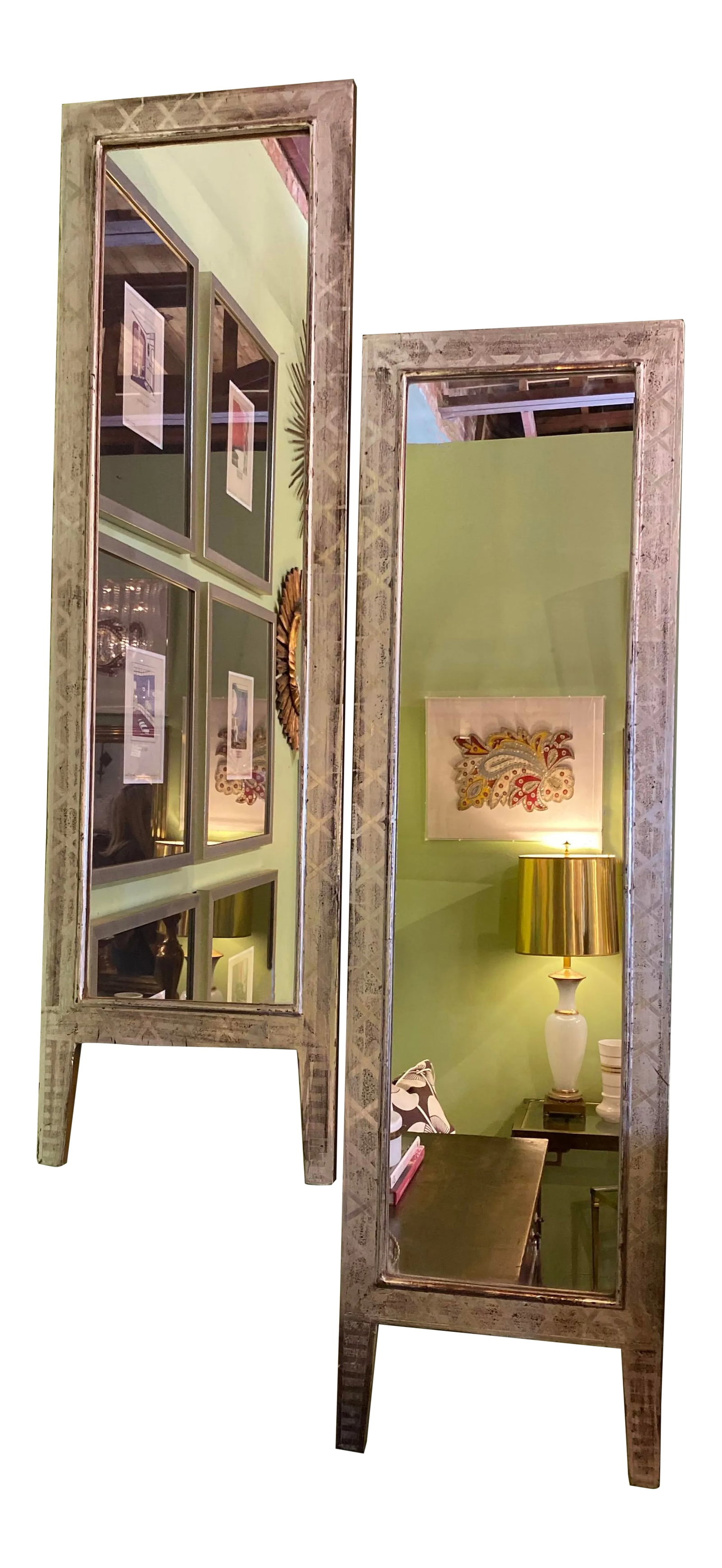 19th Century Silver Leaf High Style Louis Phillips Mirrors - a Pair: A Pair of Long Narrow Silver Leaf High-Style Louis Phillip Mirrors From France. Unusual and rare pair of iconic style water gilded silver leaf mirrors with geometric detail throughout and diagonal