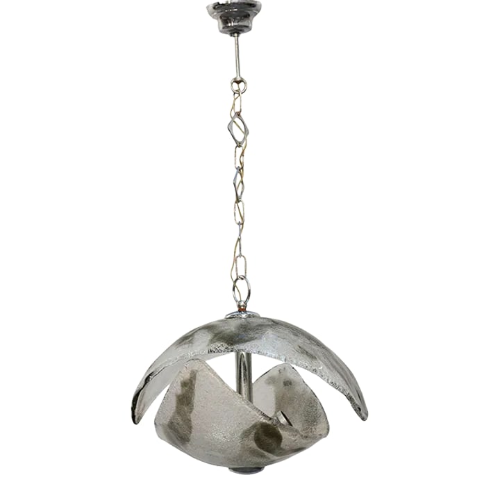 1960s Mid-Century Mazzega Style Italian Murano Pendant: Mid-Century Mazzega Style pendant chandelier, formed by two concave Murano Style glass intersecting shields. Ca 1960 Milan. UL re-wire required. Dimensions: 32" high 16" wide Condition: Alterations: