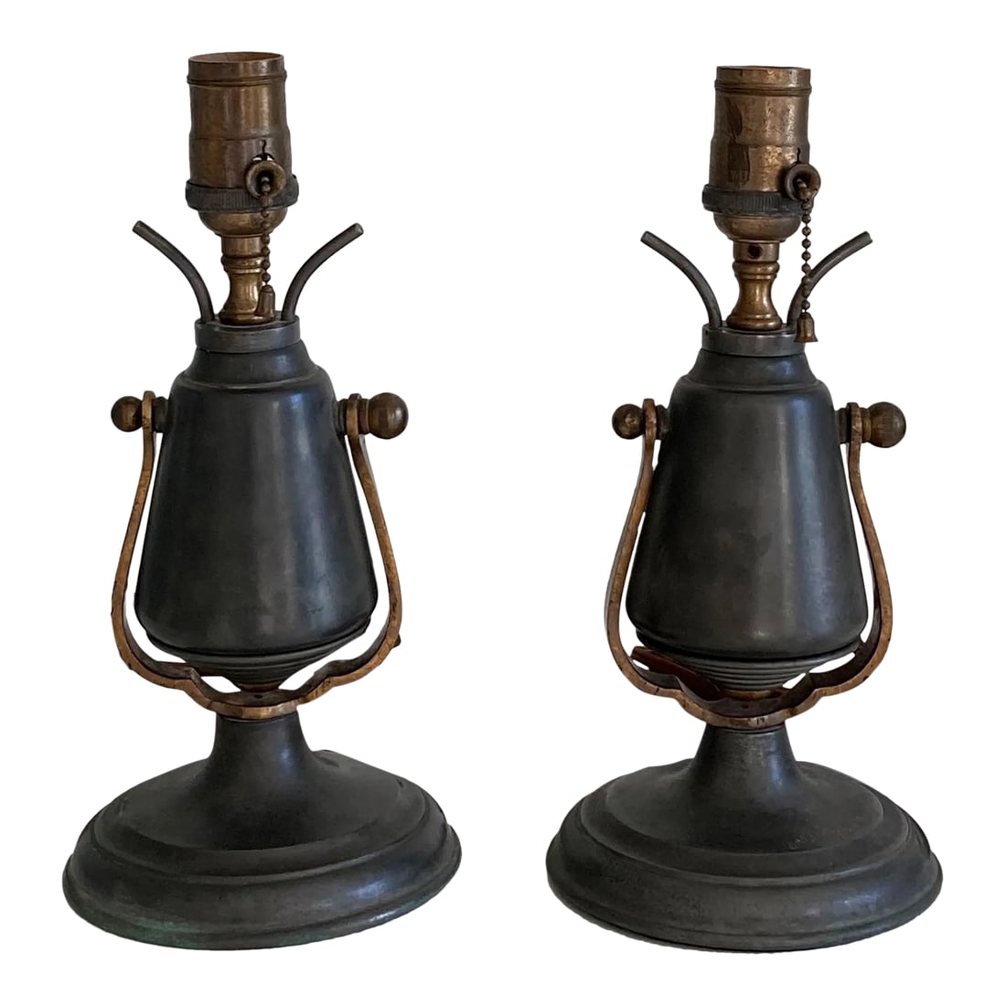 Antique 1860s to 1880s Pewter Gimbal Wall or Table Lights Nautical Ship Lights Wall Sconces - a Pair: An antique pair of pewter gimbal lights with brass accents. This unique pair of lights began life as a oil lamps (likely for a ship/ boat) in the second half of the 19th century, and were electrified