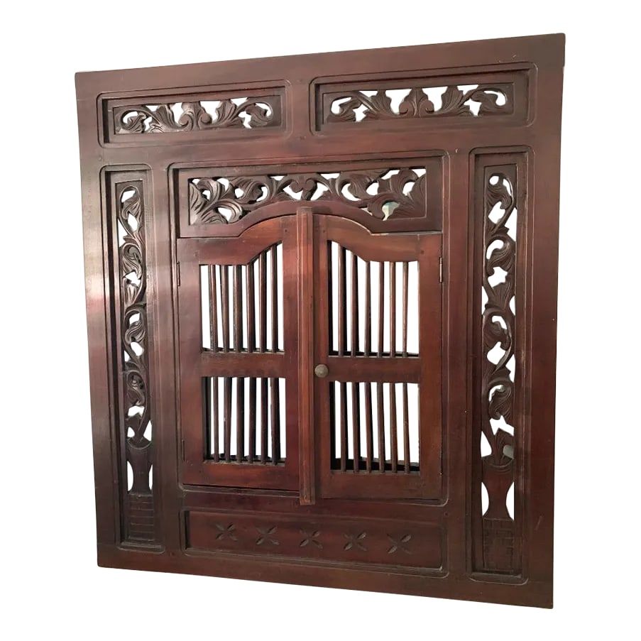 Early 1900s Anglo-Indian Style Wall Mirror Concealed Behind Hand-Carved Teak Double Door Shutters (1 of 12)