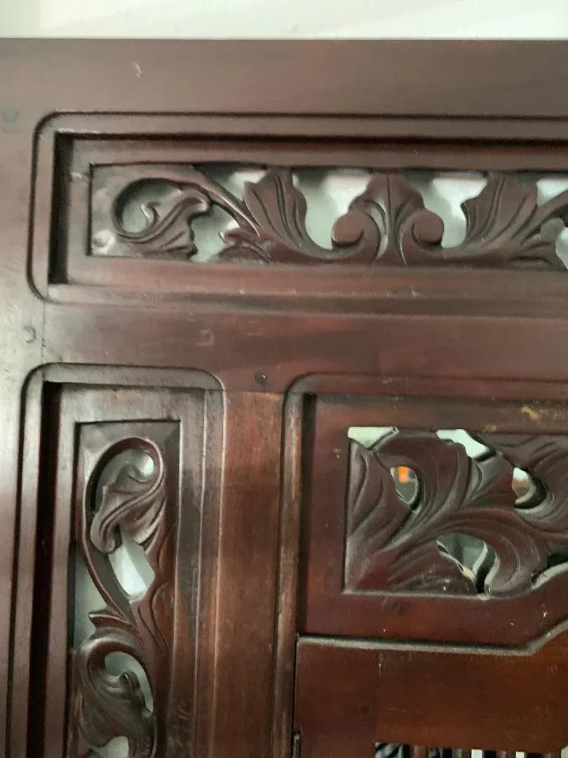 Early 1900s Anglo-Indian Style Wall Mirror Concealed Behind Hand-Carved Teak Double Door Shutters - 7