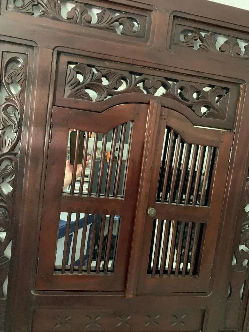 Early 1900s Anglo-Indian Style Wall Mirror Concealed Behind Hand-Carved Teak Double Door Shutters - 9