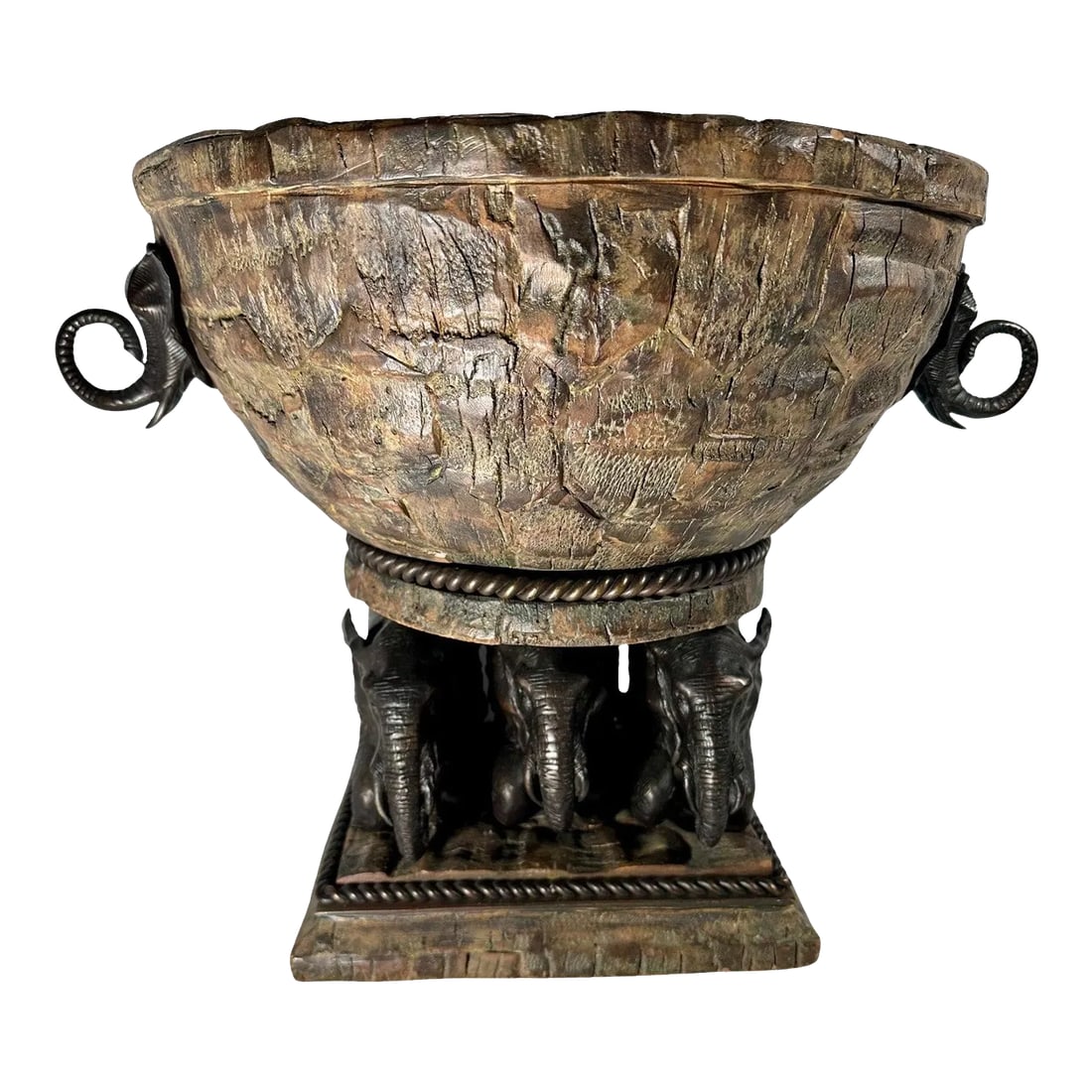 Mid-Century Large Bronze Elephant and Wood Bowl Centerpiece: Mid-Century Large Bronze Elephant and Wood Bowl Centerpiece Highly interesting centerpiece or planter from the Asian Mediterranean area. The heavy, decorative rustic hand hewn wooden bowl has been cra