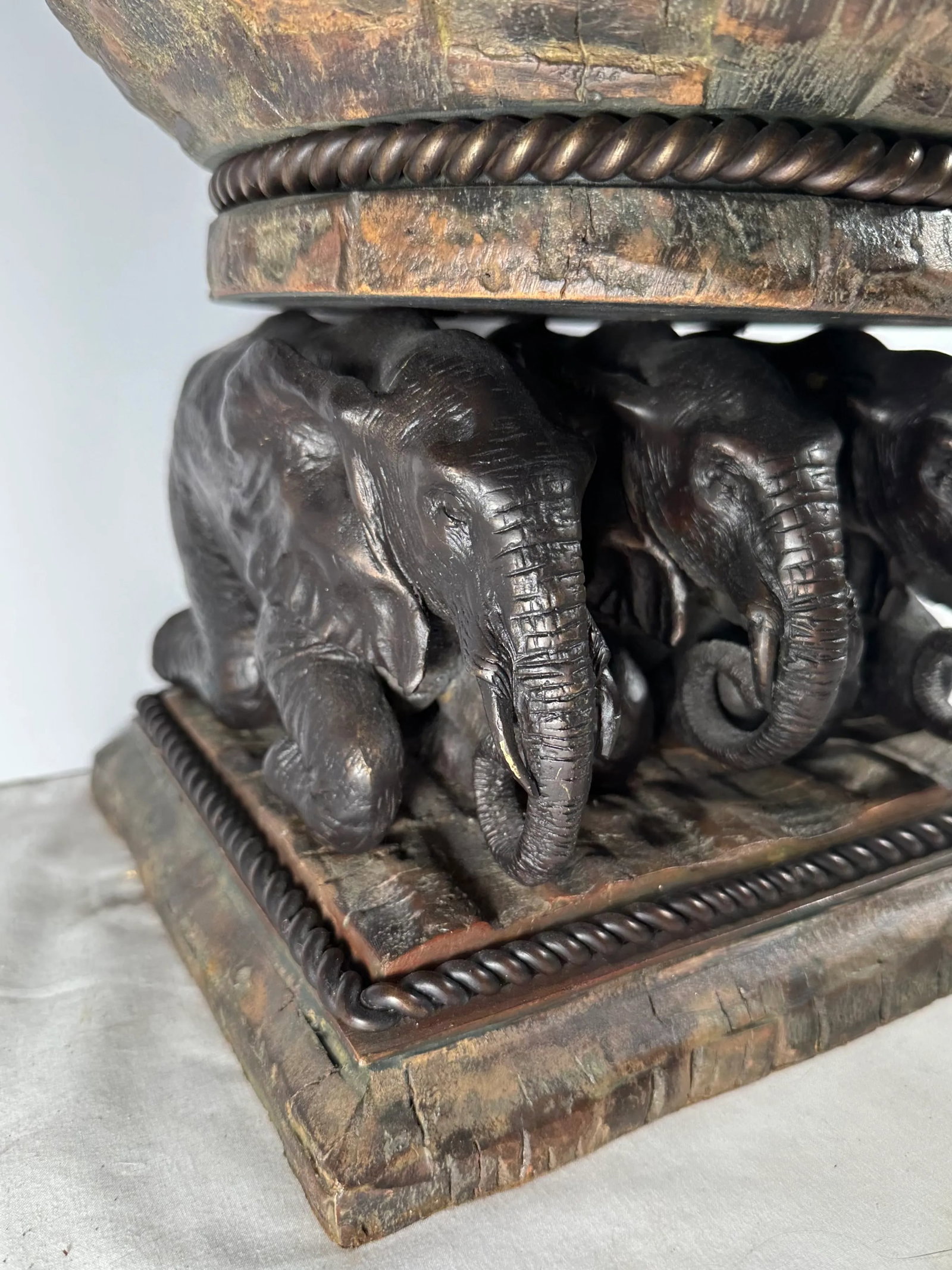 Mid-Century Large Bronze Elephant and Wood Bowl Centerpiece - 2