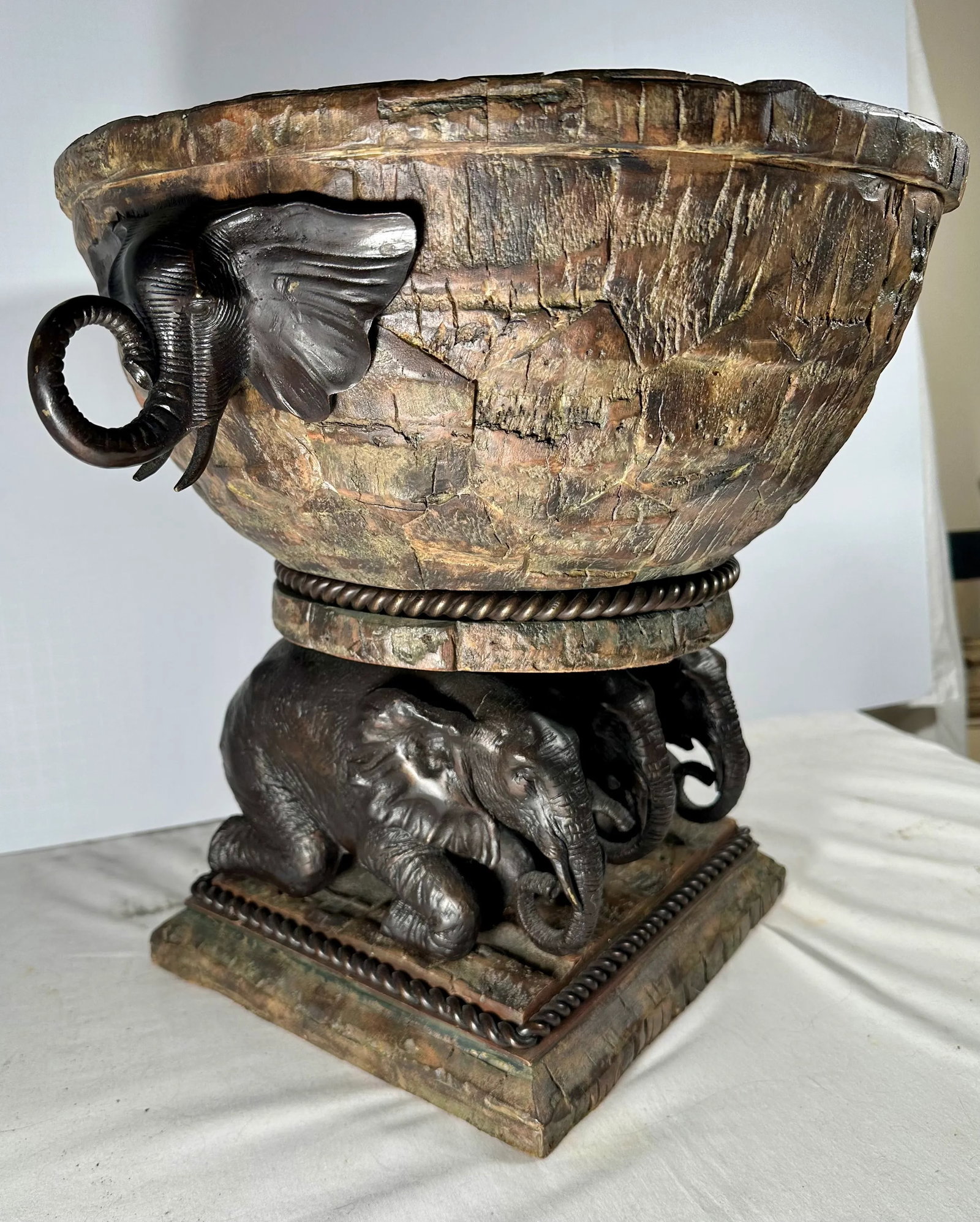 Mid-Century Large Bronze Elephant and Wood Bowl Centerpiece - 3