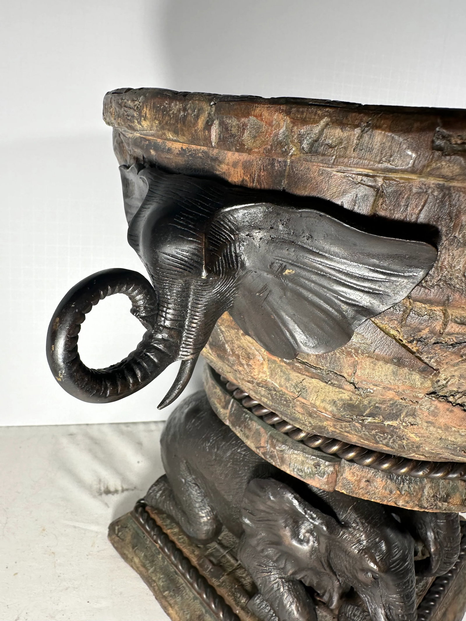 Mid-Century Large Bronze Elephant and Wood Bowl Centerpiece - 4