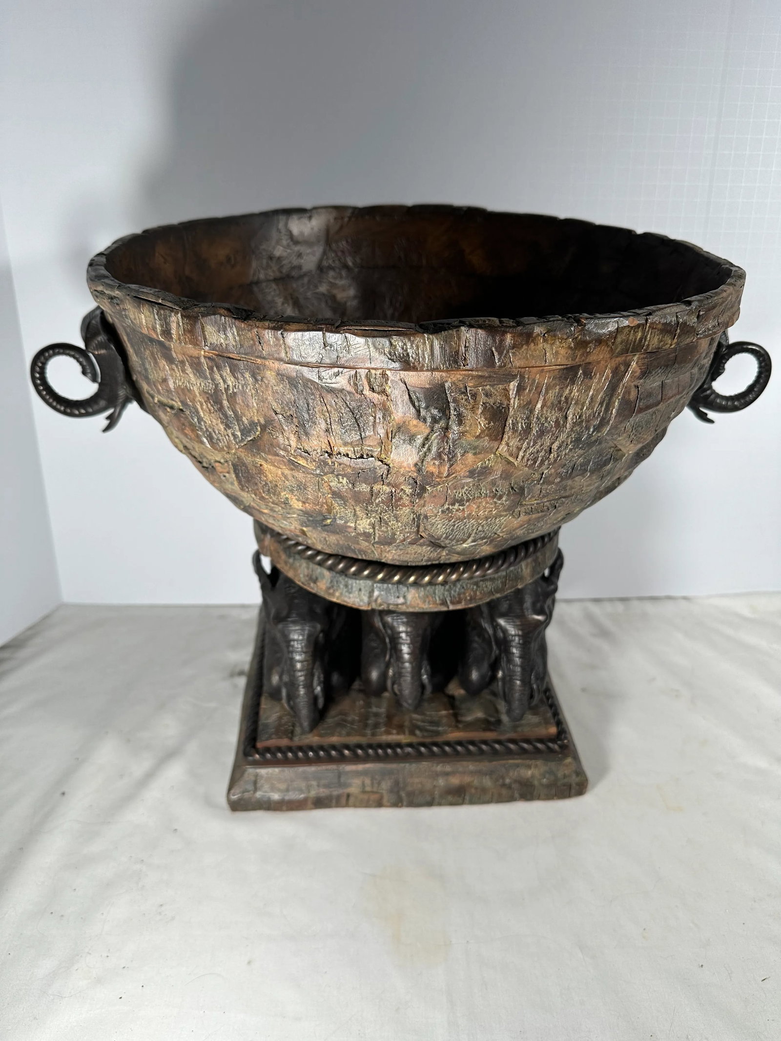 Mid-Century Large Bronze Elephant and Wood Bowl Centerpiece - 6