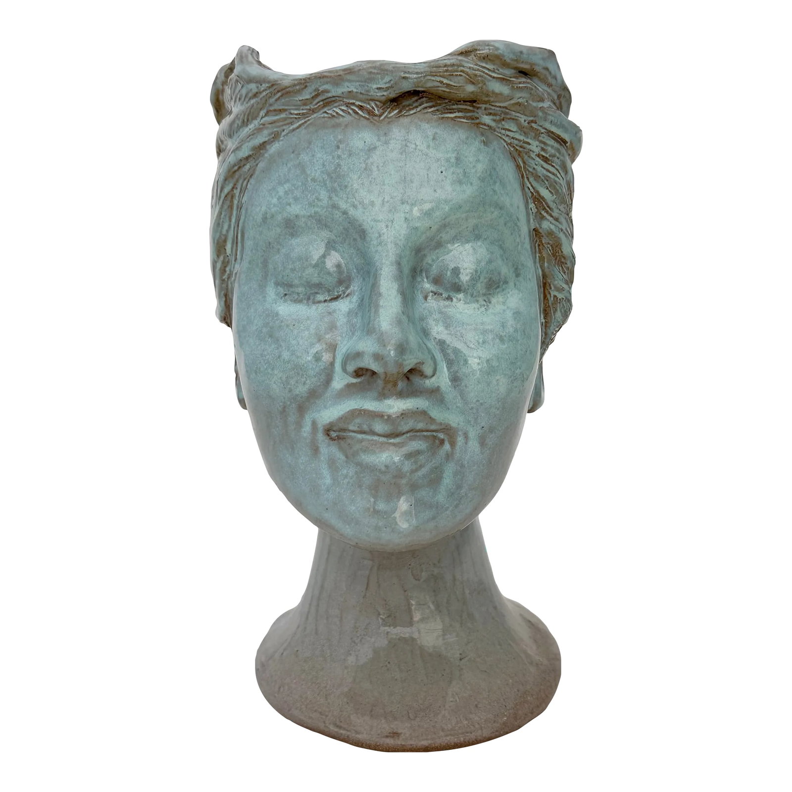 Celadon Green Lady Sculpted Head Vase: Lady's head vase with hand-sculpted features glazed in pale blue-green celadon. Her hair is arranged in a sweeping updo and her expression is serene. Condition: Alterations: Original Condition
