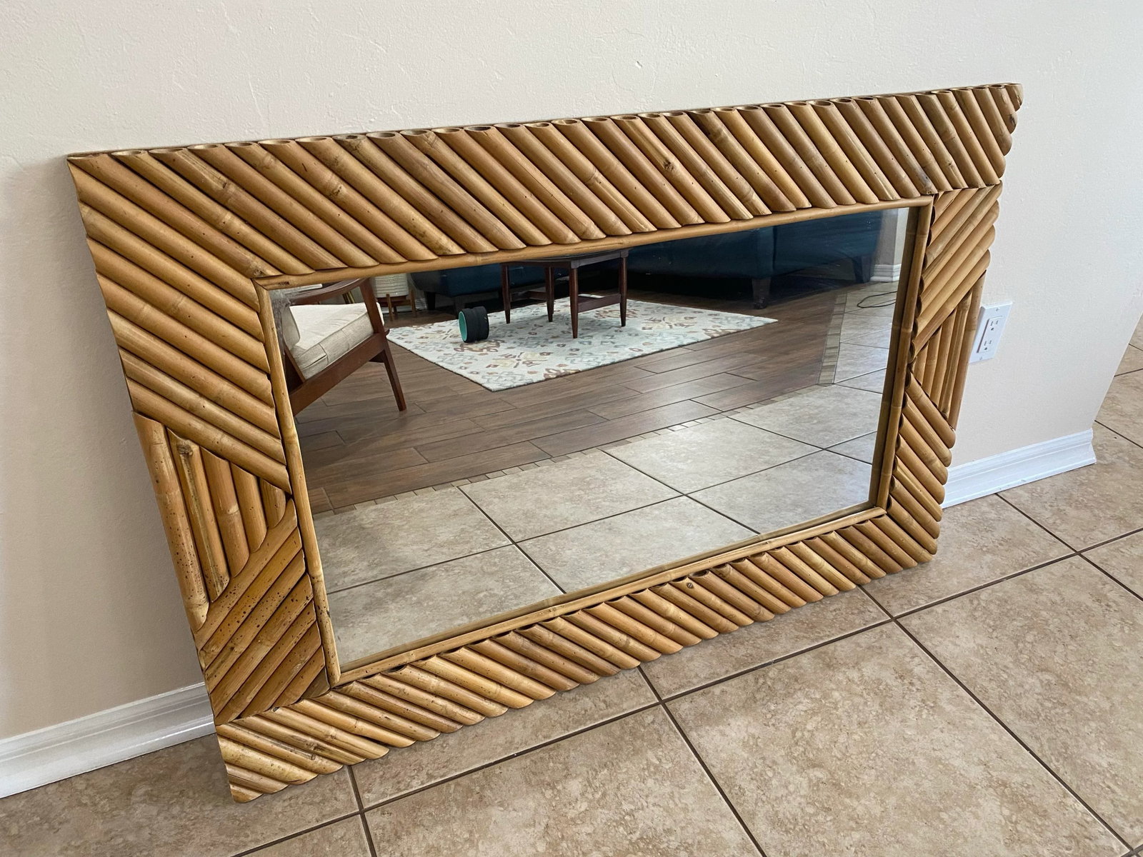 1980s Boho Coastal Rectangular Bamboo Wall Mirror - 6