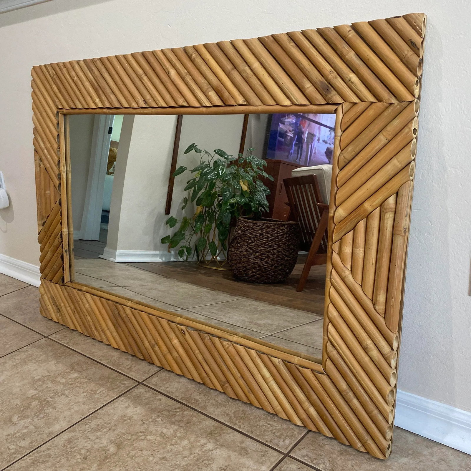 1980s Boho Coastal Rectangular Bamboo Wall Mirror - 7