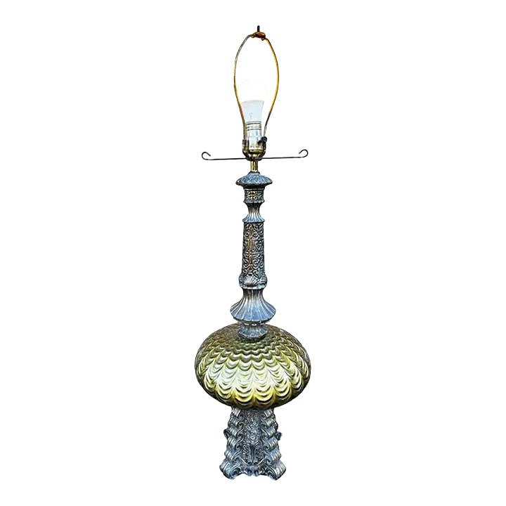 Vintage Hollywood Regency Style Reverse Painted Glass Globe Table Lamp: Nothing short of strikingly beautiful, this table lamp is sure to get the attention of anyone whose gaze comes near it! Standing at 32.5-inches tall, the huge curves in its structure make this lamp st