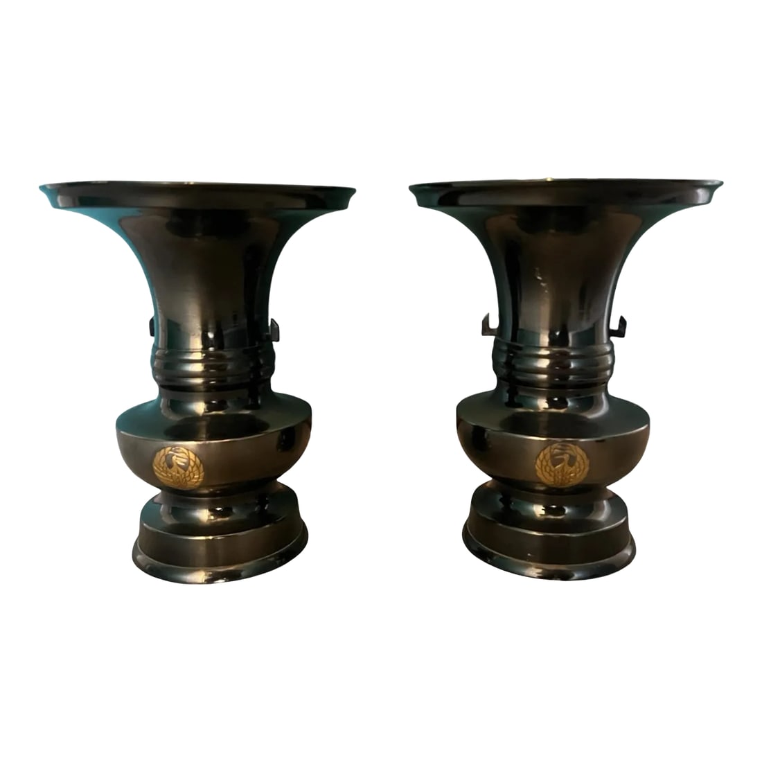 1950s Japanese Buddhist Altar Fitting/Vase - a Pair: A pair of Japanese Buddhist altar vases. Bronze with copper toned phoenix on each. Condition: Alterations: Original Condition Unaltered Imperfections: Some Imperfections Condition Notes: Modest age