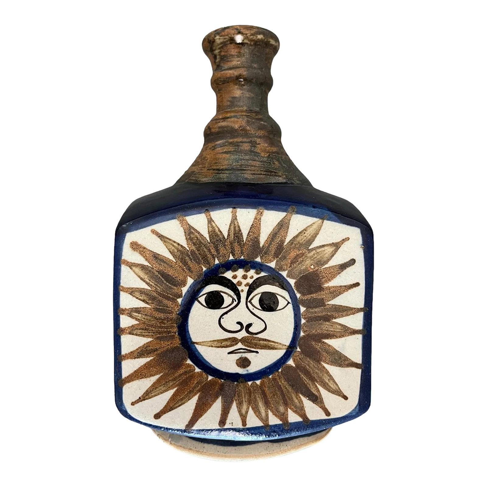 1970s Vintage Ken Edward's Tonala Hand Painted Vase / Bottle: Vintage ceramic bottle / vase by Ken Edward's. Hand painted. Depicts the sun, in colors of dark blue, rust and eggshell. Condition: Alterations: Original Condition Unaltered Imperfections: Some Imperf